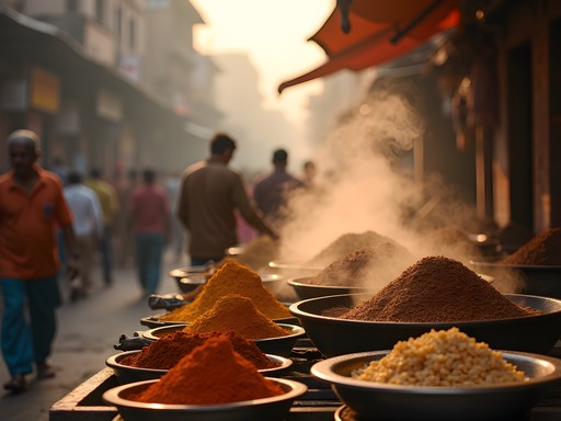 Vibrant street food scene in Old Delhi with colorful spices and traditional food vendors