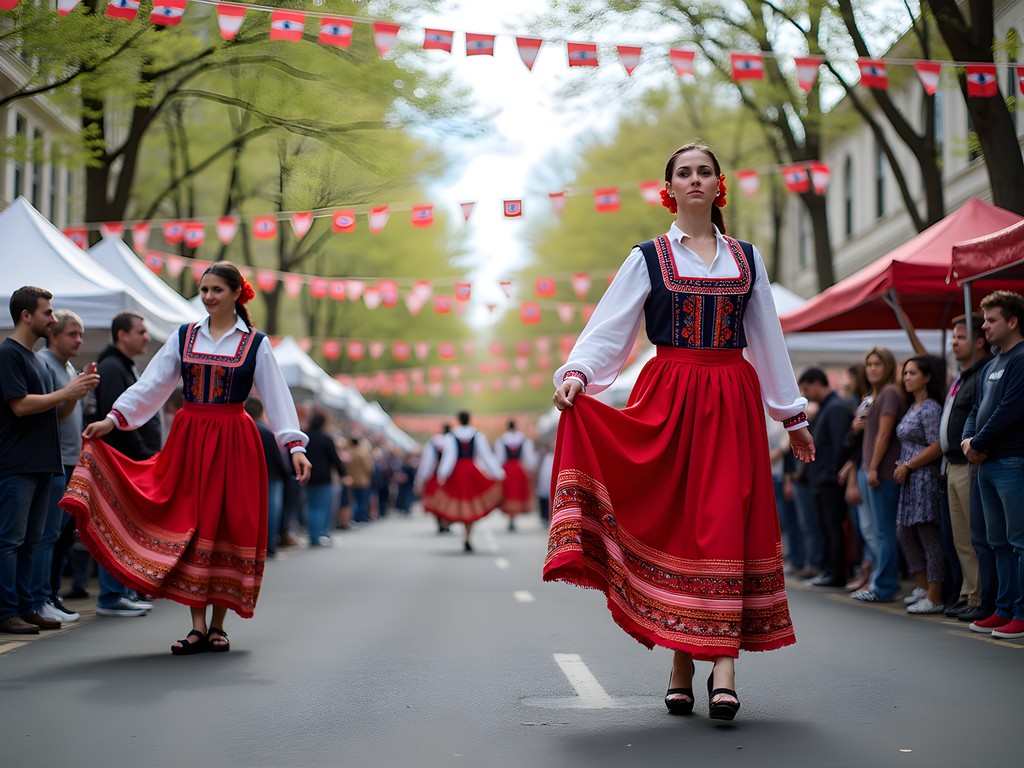 Colorful street scene during Little Poland Festival in New Britain with traditional dancers and food stalls