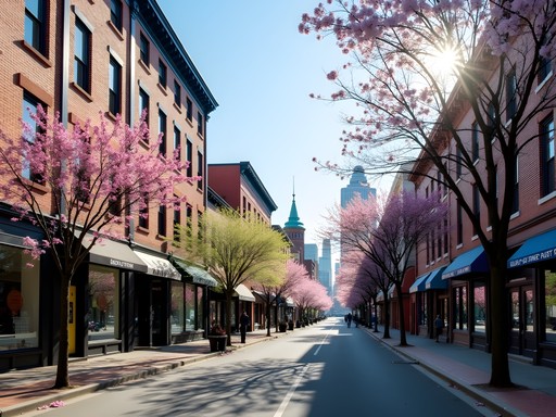 Downtown New Britain street scene in spring with historic architecture and blooming trees