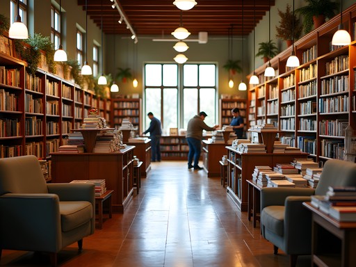 Cozy interior of independent bookstore in Norman with wooden shelves and reading nooks