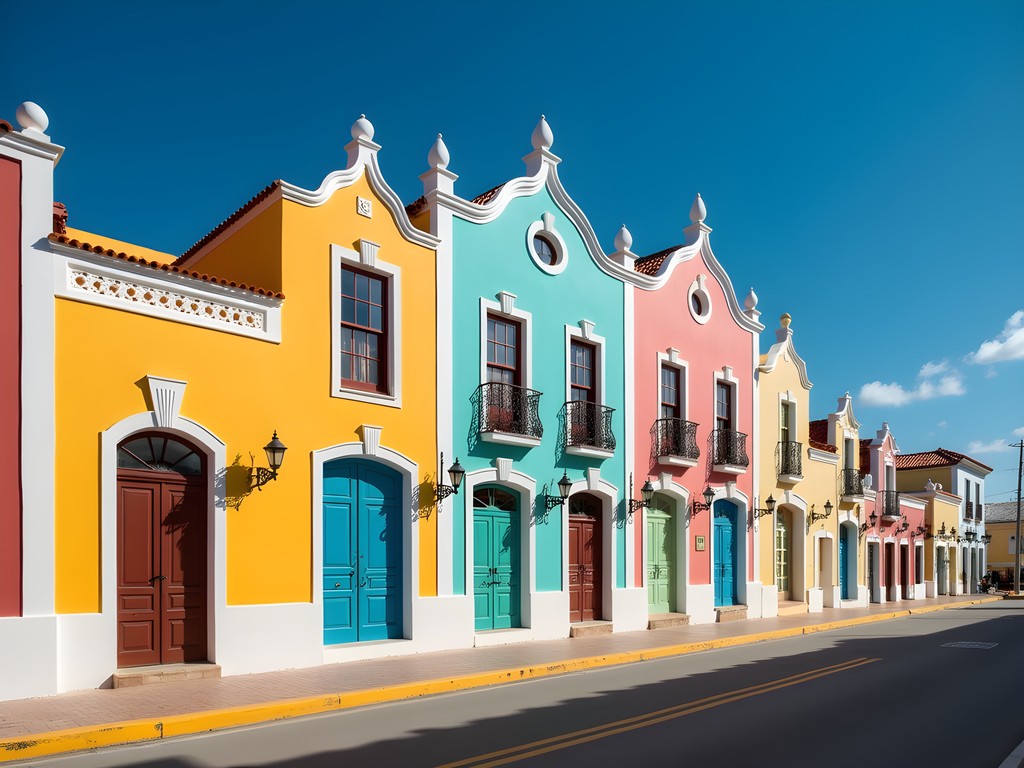 Colorful Dutch colonial buildings on Wilhelminastraat in Oranjestad