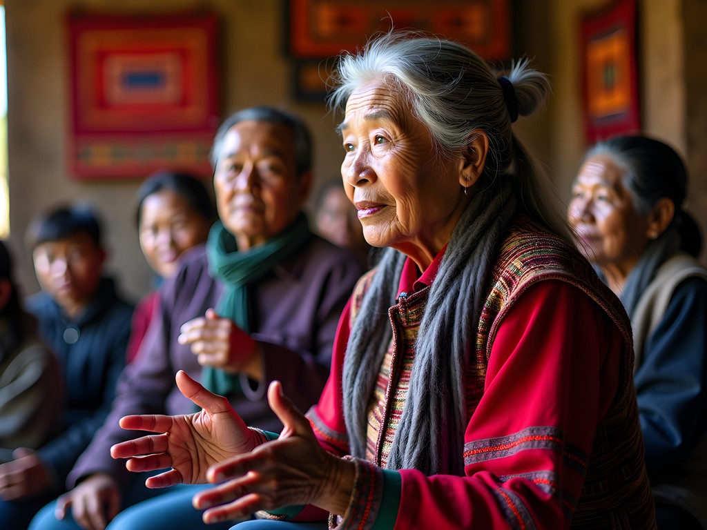 Indigenous elder teaching Kichwa language to travelers in Otavalo cultural center