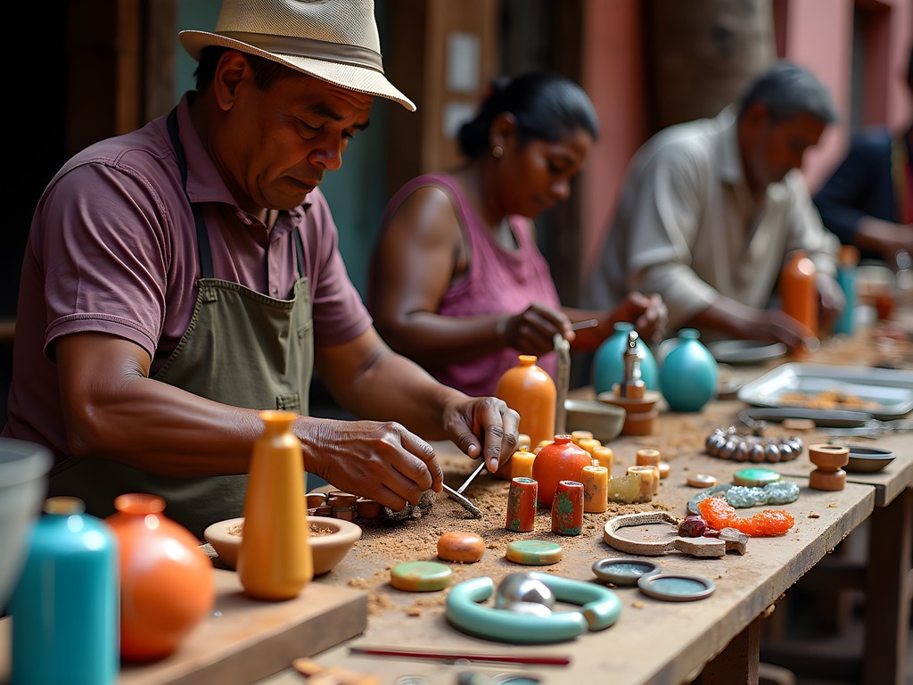 Colorful display of handcrafted soapstone sculptures and jewelry at Ouro Preto's artisan market with local craftspeople working