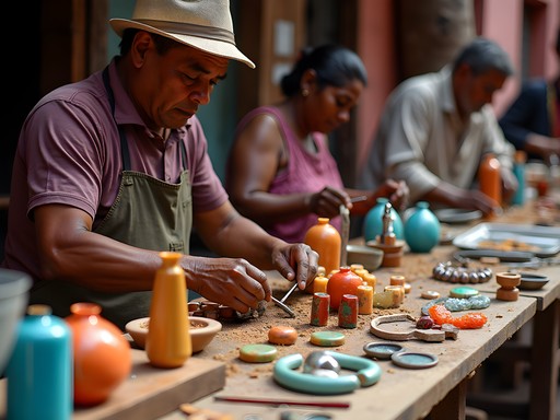 Colorful display of handcrafted soapstone sculptures and jewelry at Ouro Preto's artisan market with local craftspeople working