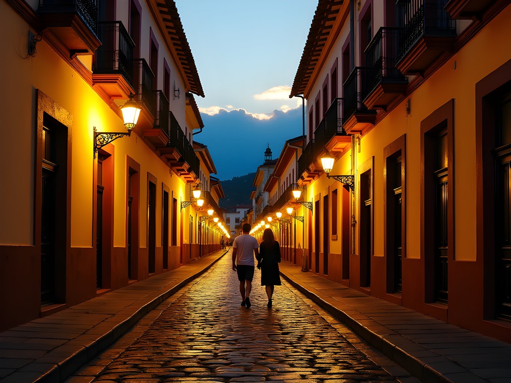 Evening scene on Rua Direita in Ouro Preto showing colonial buildings with warm lighting and couples strolling on cobblestone streets