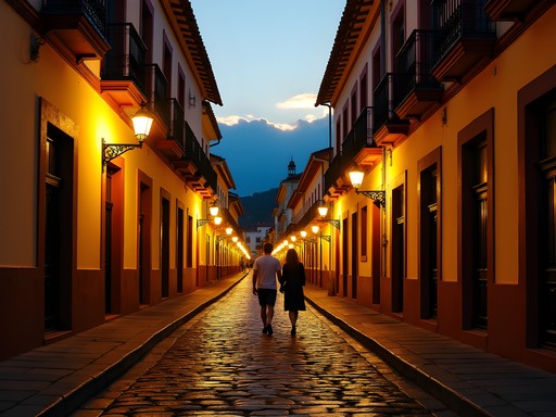 Evening scene on Rua Direita in Ouro Preto showing colonial buildings with warm lighting and couples strolling on cobblestone streets