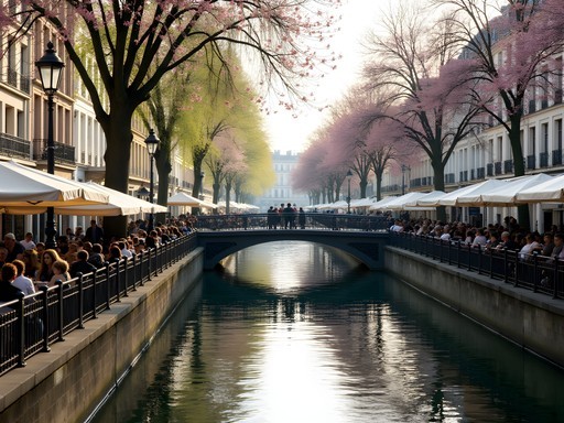 Canal Saint-Martin in spring with blooming trees and locals enjoying coffee at canalside cafes