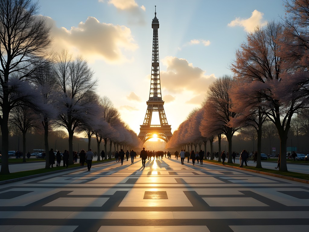 Early morning view of Eiffel Tower from Trocadéro Plaza with minimal crowds