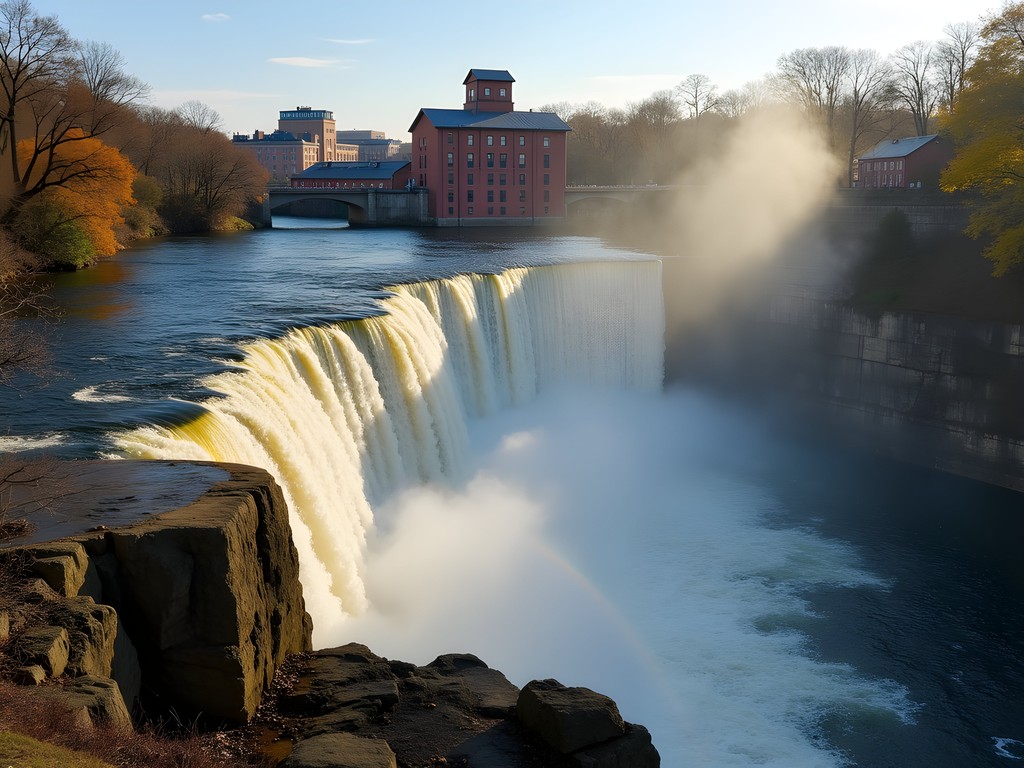 Dramatic view of Paterson Great Falls with morning mist and rainbow