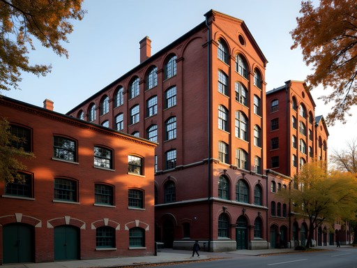 Historic red brick silk mills in Paterson's industrial district with autumn foliage