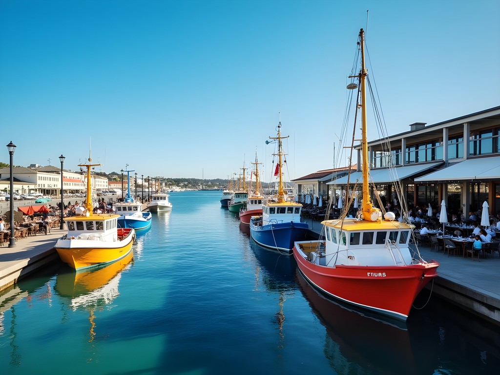Fremantle Fishing Boat Harbor with colorful boats and restaurants