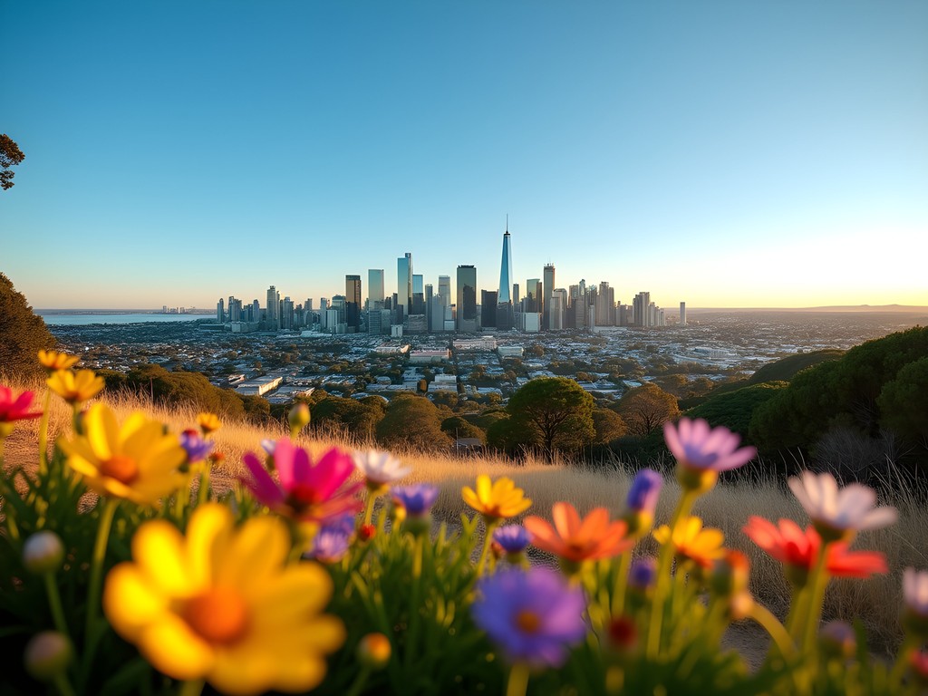 Panoramic view of Perth skyline from Kings Park with native wildflowers in foreground