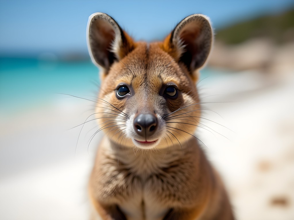 Smiling quokka on Rottnest Island with turquoise waters in background