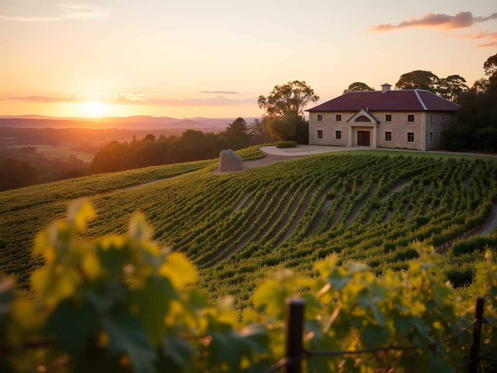Swan Valley vineyard rows at sunset with winery in background