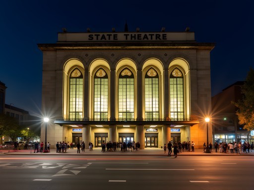 Illuminated facade of the State Theatre in Pretoria at night with people gathering outside