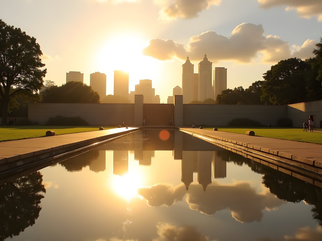 Reflective pool at Freedom Park memorial with Pretoria skyline in background
