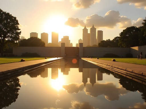 Reflective pool at Freedom Park memorial with Pretoria skyline in background