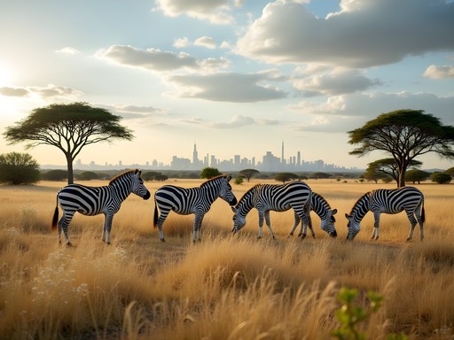 Zebras grazing in Groenkloof Nature Reserve with Pretoria skyline visible in background