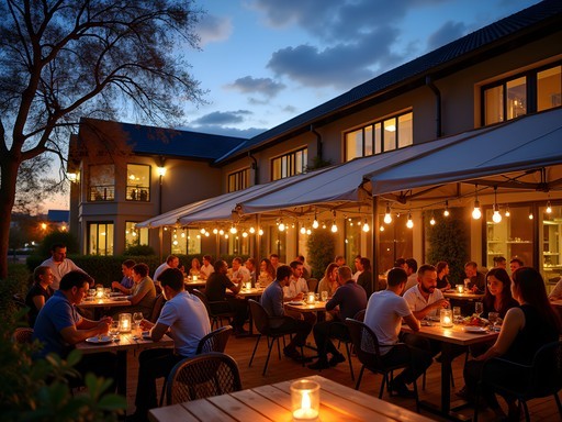 Evening dining scene in Pretoria's Hazelwood district with outdoor restaurants and string lights