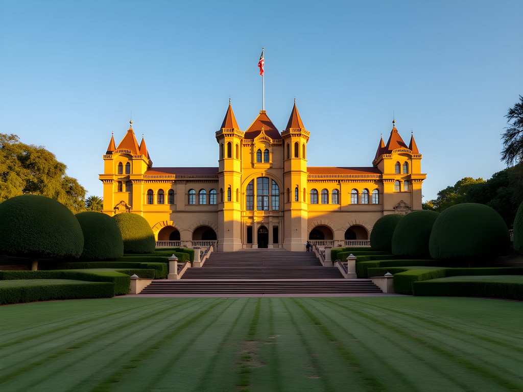 Golden sunrise light illuminating the sandstone facade of the Union Buildings in Pretoria