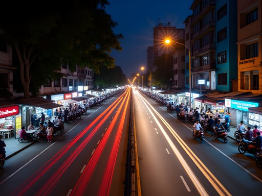 Vibrant evening scene on FC Road in Pune with restaurants and cafes lit up