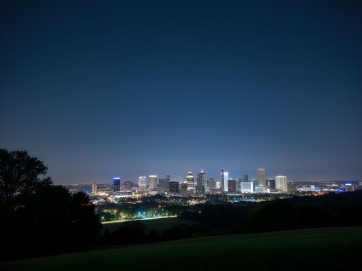 Night view of Rochester skyline from Cobbs Hill Park with stars visible above