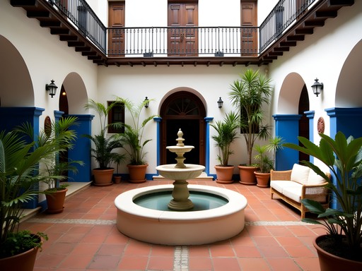 Traditional colonial courtyard in a boutique hotel in San Miguel de Tucumán with fountain and plants
