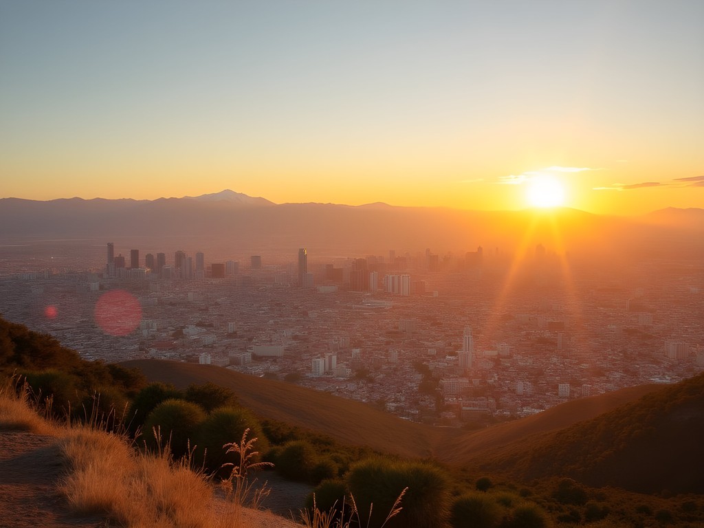Panoramic sunset view of Santiago from Cerro San Cristóbal with Andes Mountains in background