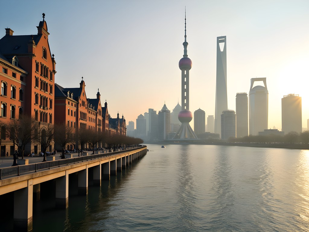 Morning view of Shanghai's contrasting architecture along the Bund promenade