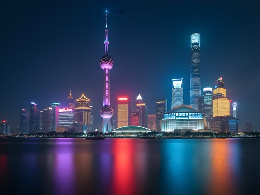 Night view of illuminated Pudong skyline from Cool Docks waterfront