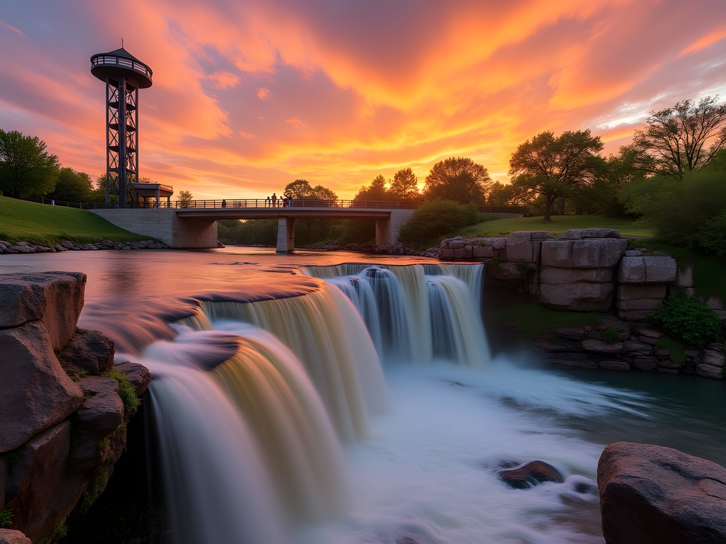 Falls Park waterfall at sunset in Sioux Falls South Dakota