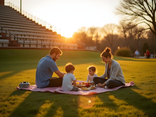 Family enjoying sunset picnic at Snowden Grove Amphitheater grounds