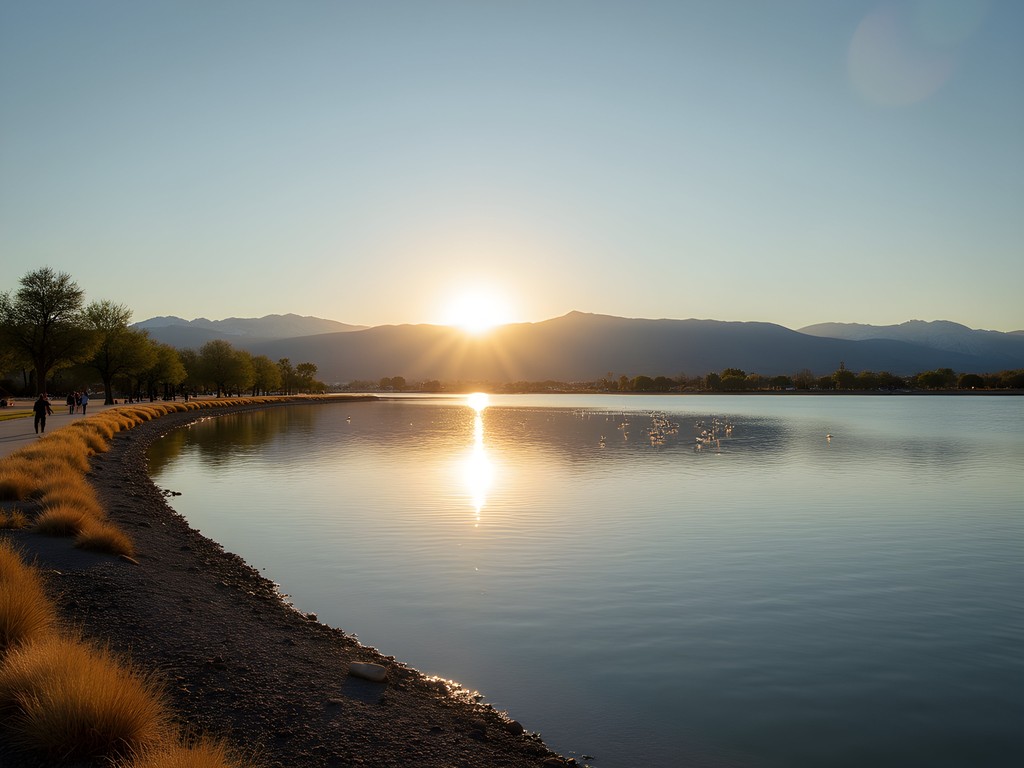 Sunrise at Sparks Marina Park with mountains reflected in calm water