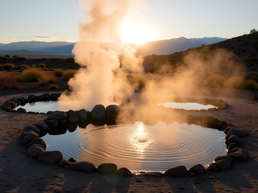 Steamboat Hot Springs near Sparks Nevada at sunrise with steam rising from pools