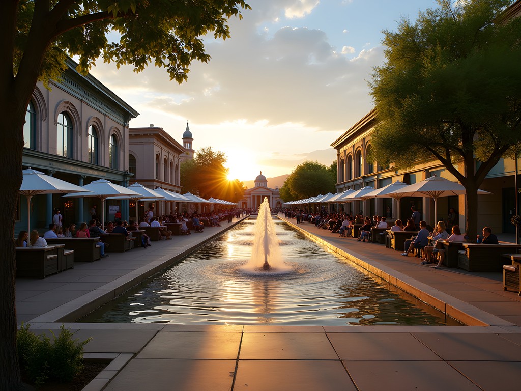 Victorian Square in Sparks, Nevada at sunset with fountains and people gathering