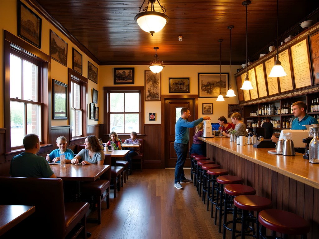 Interior of historic restaurant in St. Joseph Missouri with period decor and frontier-inspired menu