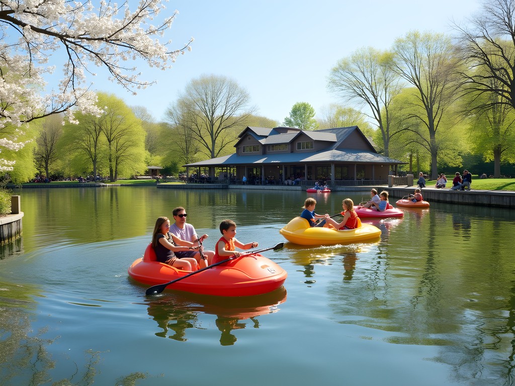 Families enjoying paddleboats on Post-Dispatch Lake in Forest Park, St. Louis