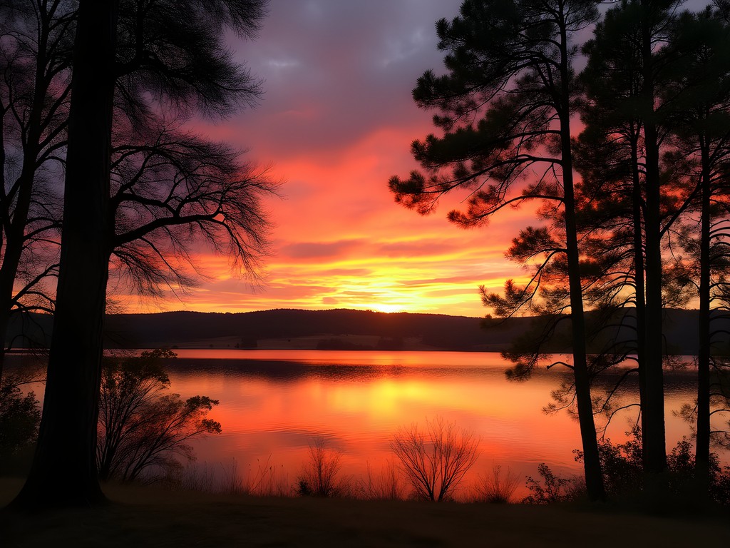 Stunning sunset over Lake Carl Blackwell with silhouetted trees and orange sky