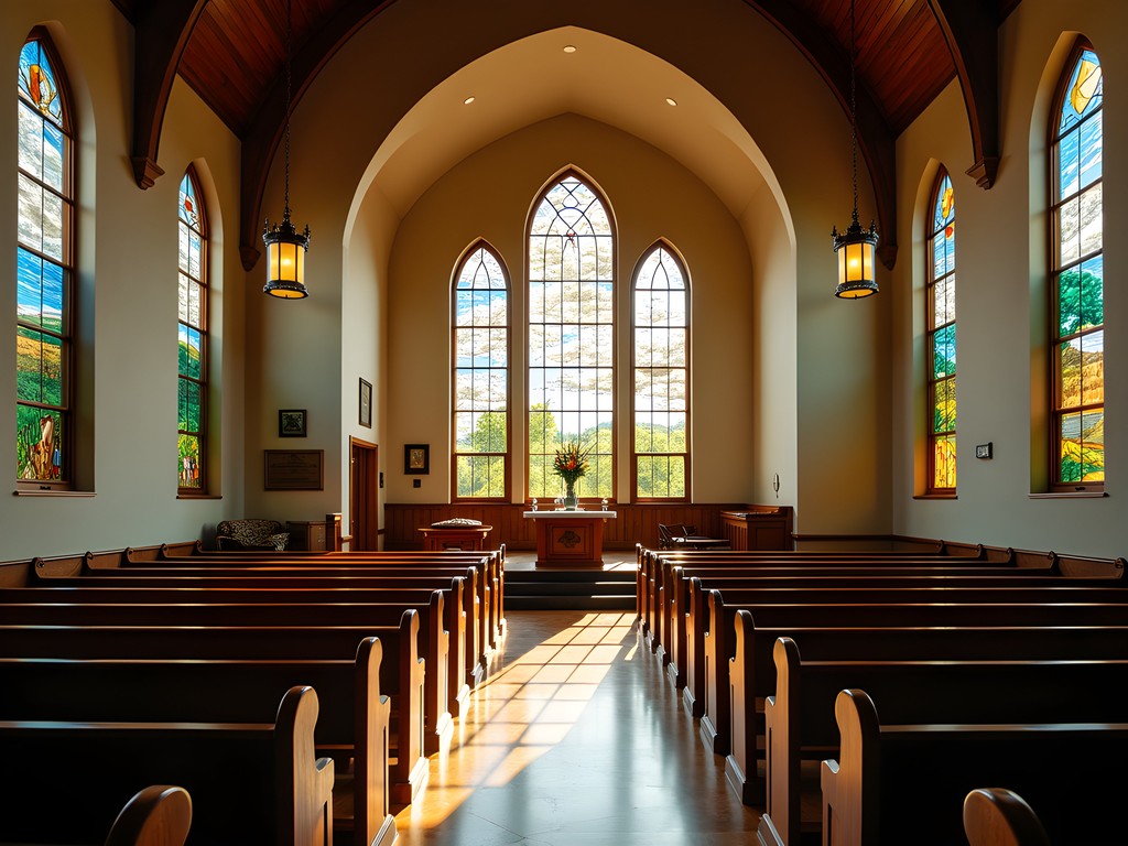 Interior of historic church in Stillwater with unique stained glass windows