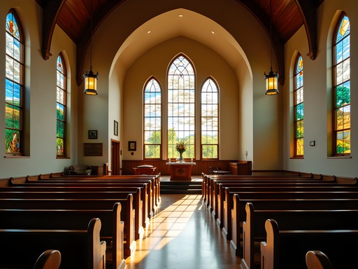 Interior of historic church in Stillwater with unique stained glass windows