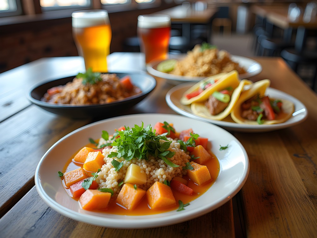 Colorful spread of international dishes from Stillwater restaurants on rustic wooden table