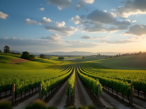 Rolling vineyards in Lodi wine country near Stockton with spring vines and blue skies