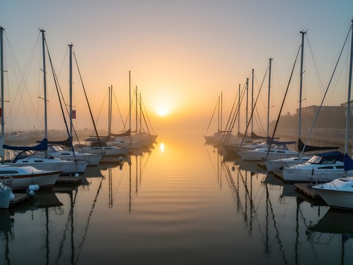 Misty sunrise over Stockton's waterfront with boats moored in the marina