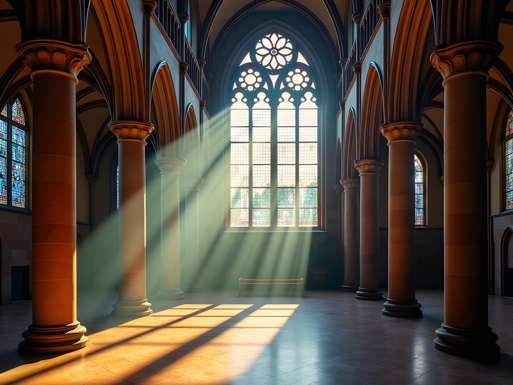 Sunlight streaming through stained glass windows inside Strasbourg Cathedral