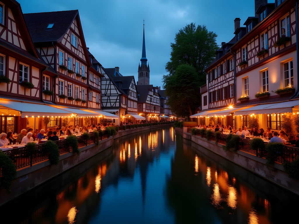 Evening scene of illuminated buildings along Strasbourg canal with couples dining at waterside restaurants