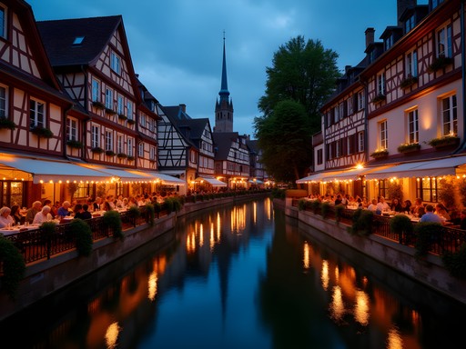 Evening scene of illuminated buildings along Strasbourg canal with couples dining at waterside restaurants