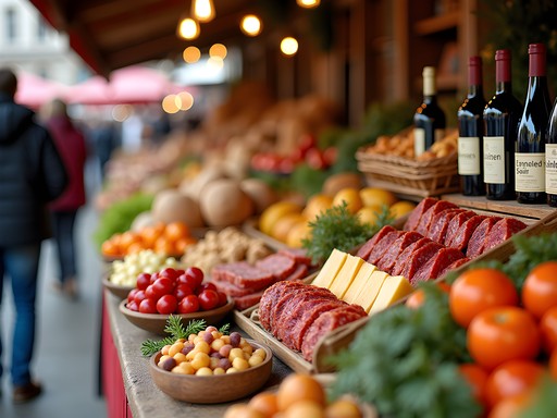 Colorful display of local Alsatian produce and specialties at Strasbourg covered market