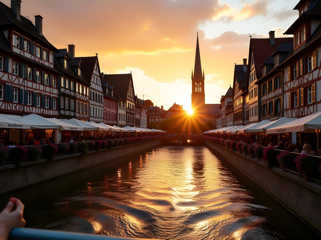 Sunset view from river cruise showing Strasbourg's half-timbered houses and cathedral spire