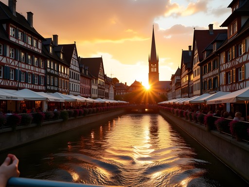 Sunset view from river cruise showing Strasbourg's half-timbered houses and cathedral spire