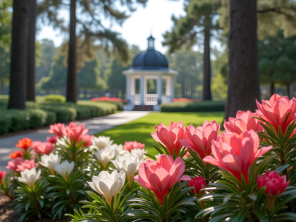 Vibrant pink and white azaleas in full bloom at Summerville's Azalea Park with historic gazebo